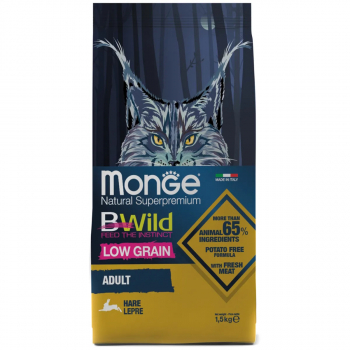 Корм Monge Cat BWild LOW Hare д/взрослых кошек низкозерновой мясо зайца 1,5кг