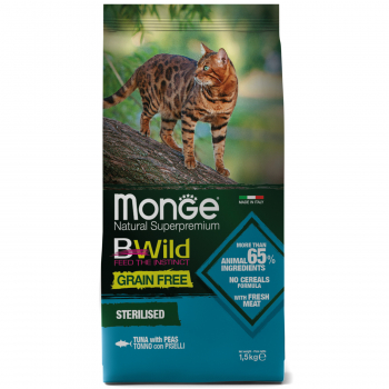 Корм Monge Cat BWild GRAIN FREE д/кошек стерилов беззерновой с тунцом и горошком 1,5кг