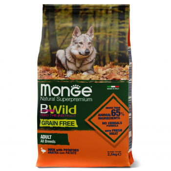 Корм Monge Dog BWild GRAIN FREE д/собак беззерновой утка с картофелем 2,5кг