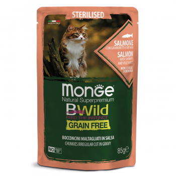 Пауч Monge Cat BWild GRAIN FREE д/стерилизованных кошек беззерновой лосось с креветками и овощами 85г