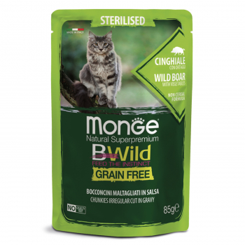 Пауч Monge Cat BWild GRAIN FREE д/стерилизованных кошек беззерновой мясо дикого кабана с овощами 85г