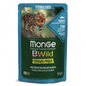 Пауч Monge Cat BWild GRAIN FREE д/стерилизованных кошек беззерновой тунец с креветками и овощами 85г